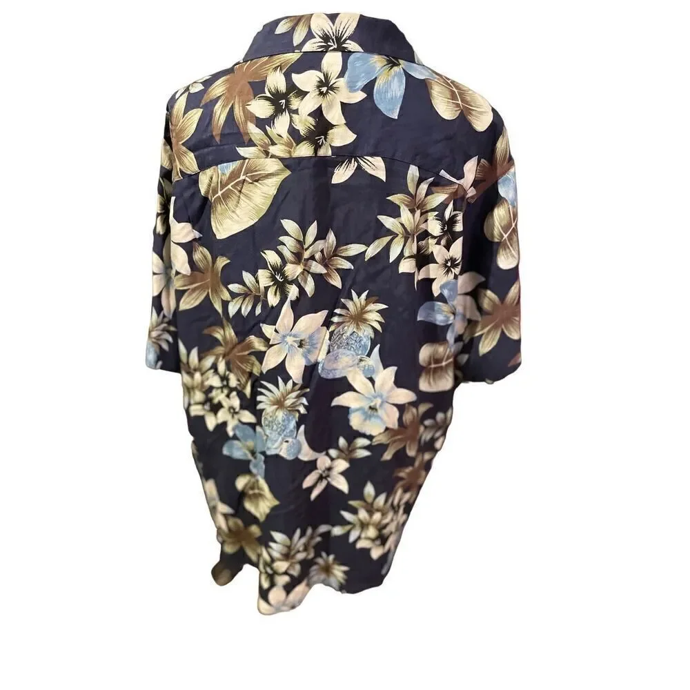 Tasso Elba Men's Button Down Shirt Collared Floral 100% Silk Navy Blue XL